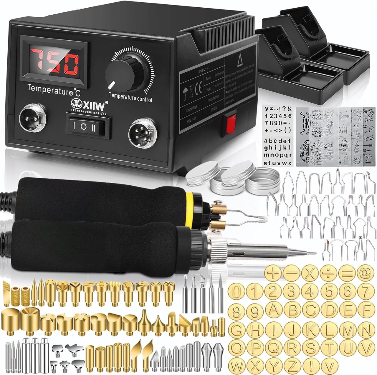 Wood Burning Kit 100W with 2 Wood Burning Pens, 165 Pcs Pyrography Wood Burning Kit with 113 Solid Points and 33 Wire Nibs, Temperature Adjustment 300~750°C, Wood Burner for wood and leather